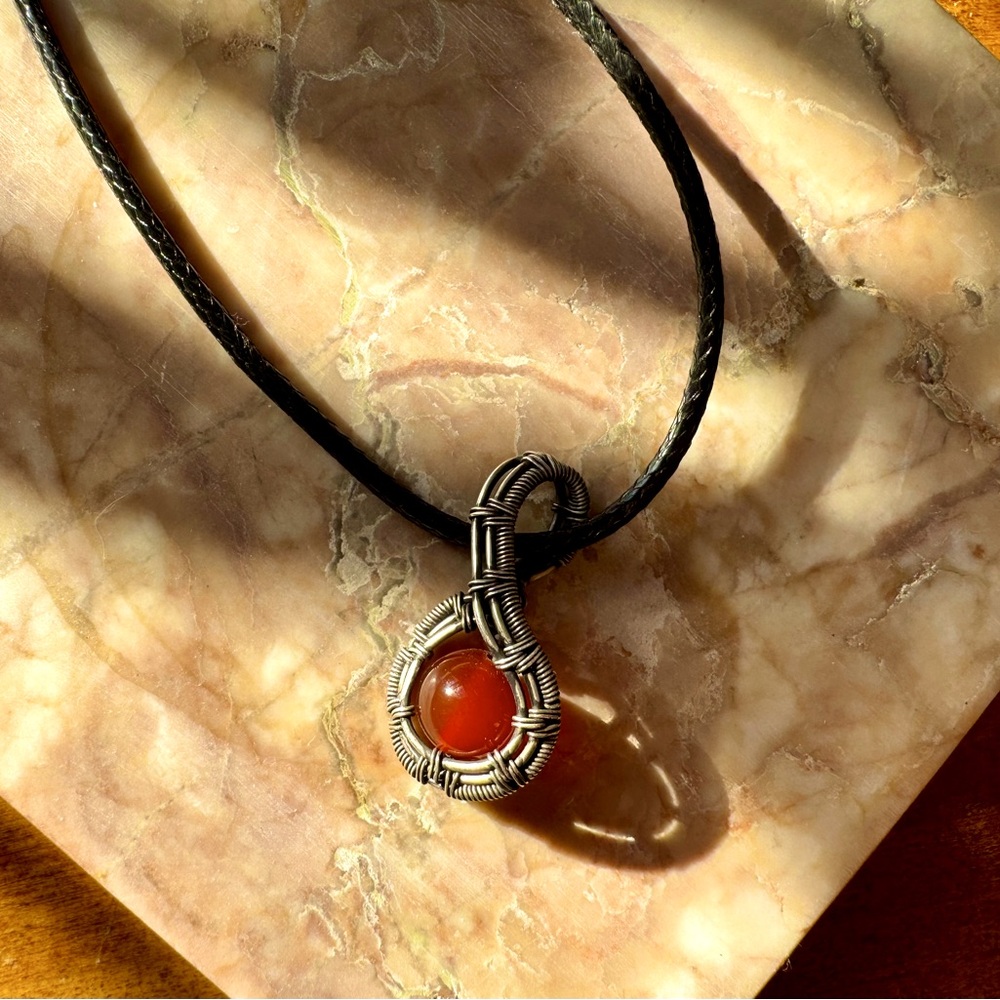 Carnelian Bead July Birthstone Pendant Necklace Black Cord
